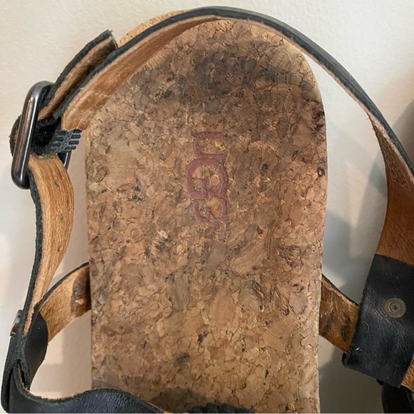 UGG Ayden II Thong Black Leather Cork Sandals Sz 11 - Picture 2 of 6